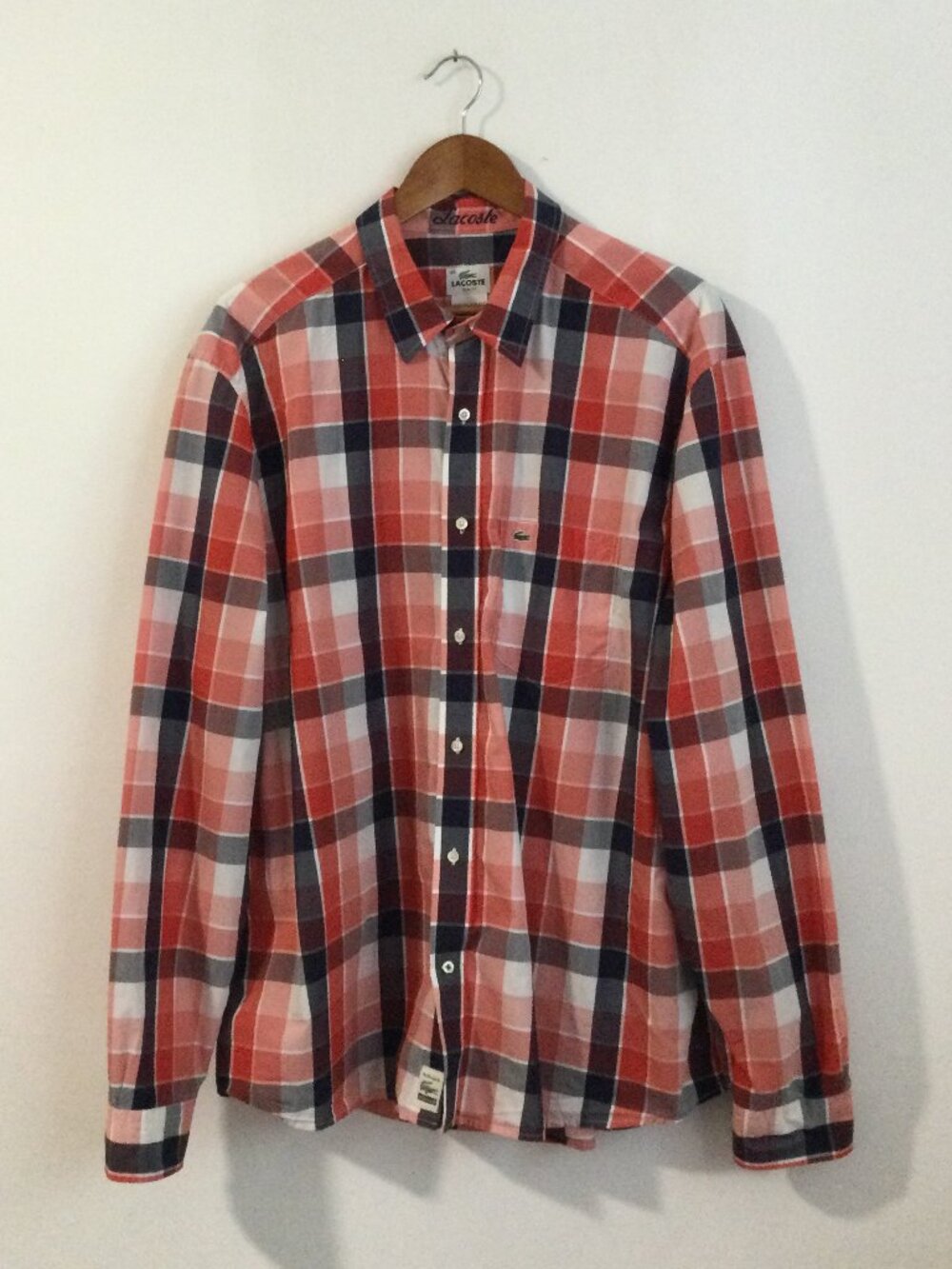 Lacoste Mens 100% Cotton button-up Shirt red orange navy plaid slim fit size 46